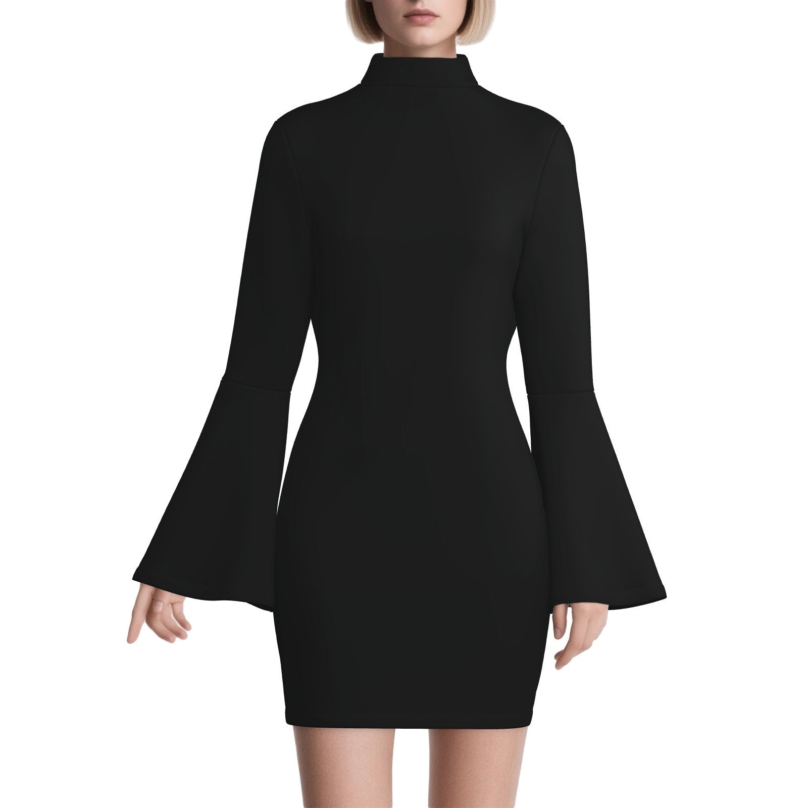 70s Style Bell Sleeve Turtleneck Shift Black Mini Dress, Disco Dress, Hippie dress