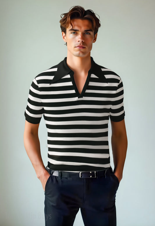 Retro Polo Shirt, Black Stripe Polo Shirt, 70s Wing Collar Shirt, 70s Polo Shirt, 70s Knit Polo shirt