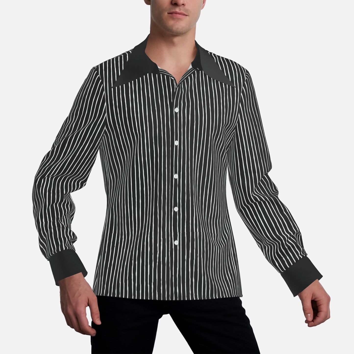 Men’s 70s Style Shirt | Black Pinstripe Shirt | Wing Collar Shirt | Black Disco Shirt