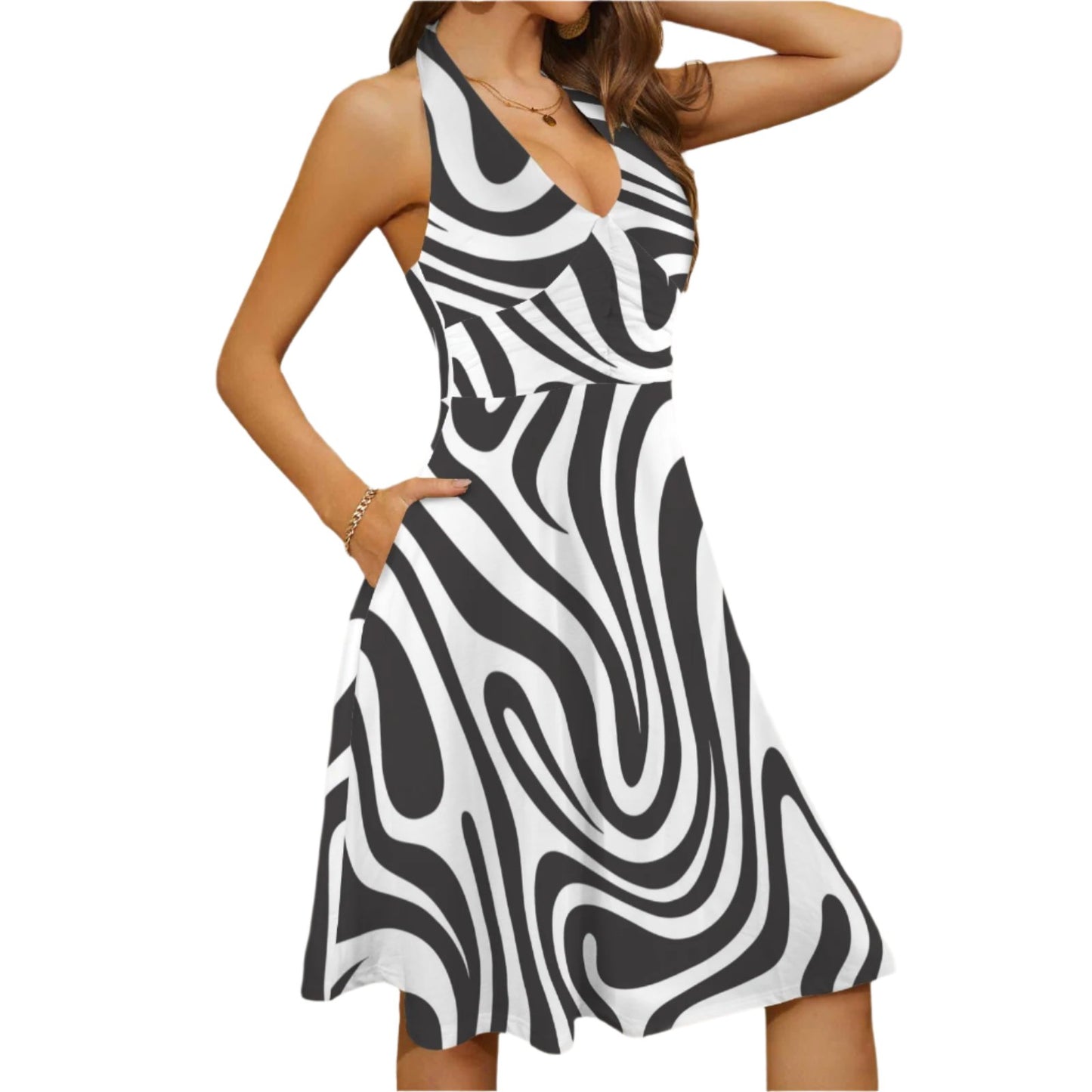 Abstract Black Stripe Retro Halter Dress