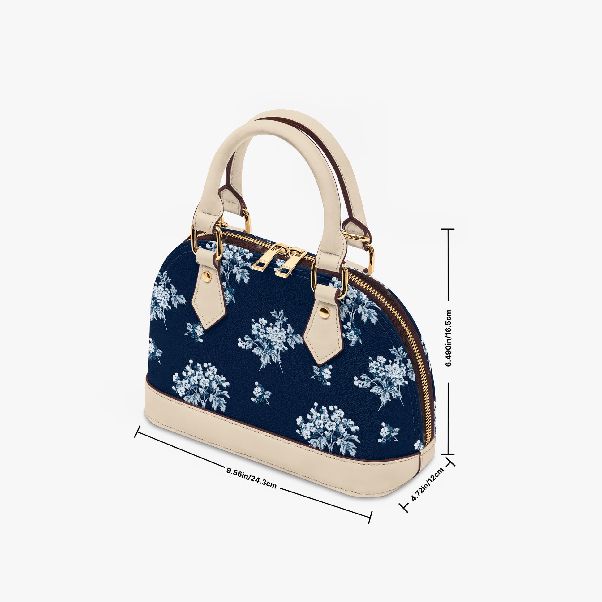 Romantic navy blue floral half moon handbag with delicate vintage-inspired floral print. Small crossbody purse with black or beige handles for casual or formal wear.
