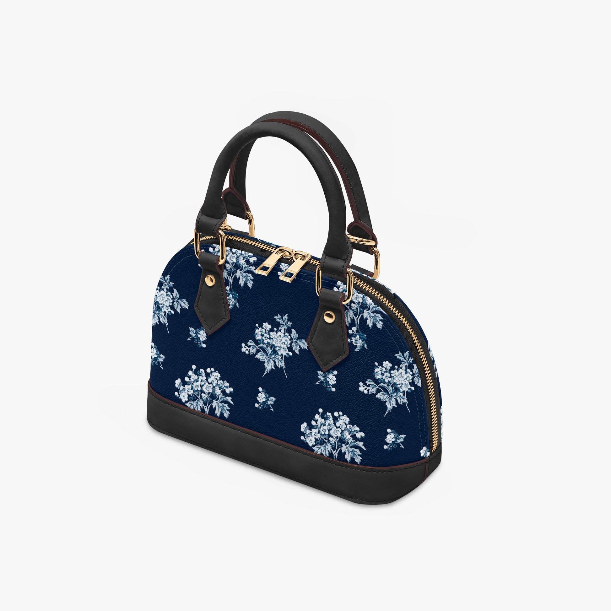 Romantic navy blue floral half moon handbag with delicate vintage-inspired floral print. Small crossbody purse with black or beige handles for casual or formal wear.