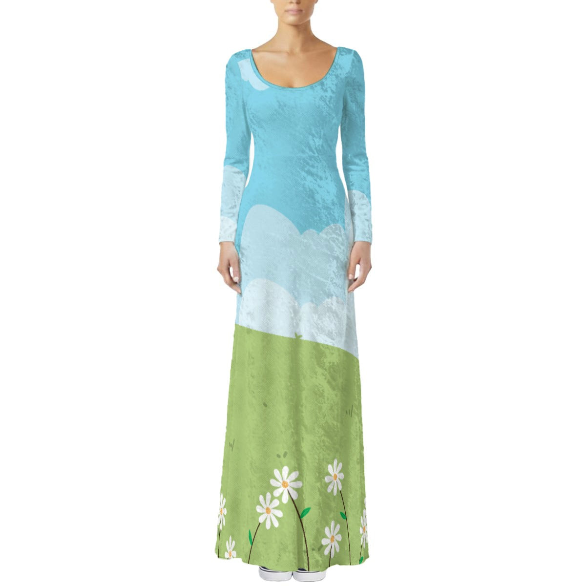 Blue Green Floral Maxi Dress | Kawaii Velvet Maxi Dress with Pockets | Artistic 70s Style Long Sleeve A-Line Maxi Dress 