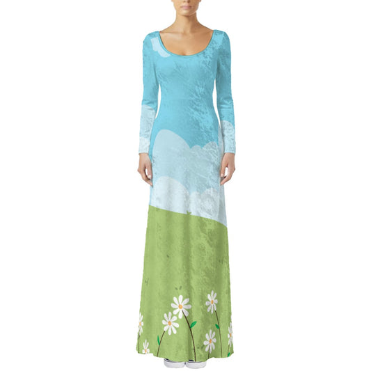 Blue Green Floral Maxi Dress | Kawaii Velvet Maxi Dress with Pockets | Artistic 70s Style Long Sleeve A-Line Maxi Dress 