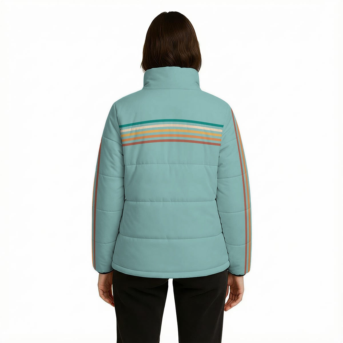 Unisex Retro 80s Puffer Jacket Blue Green stripe Cotton Filled