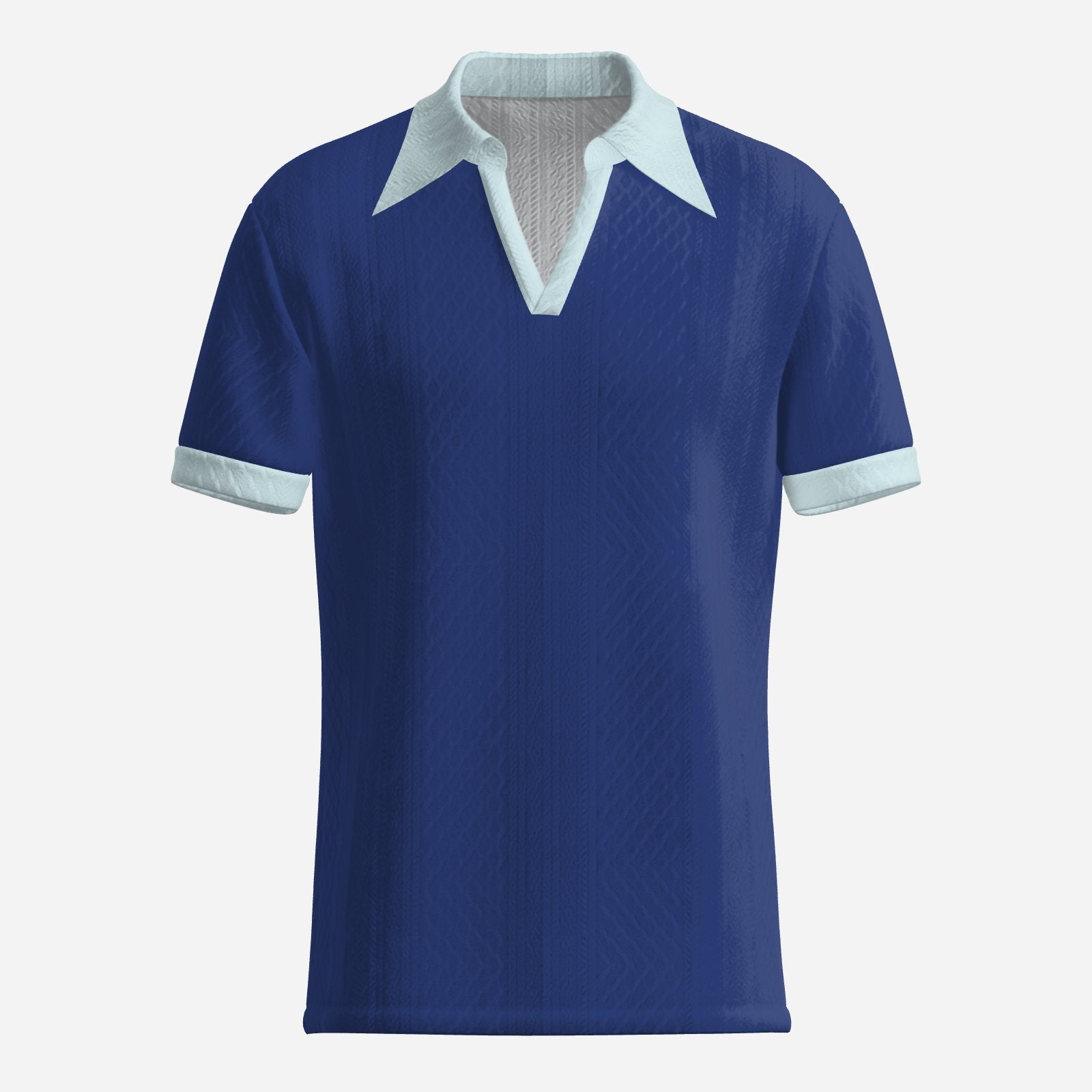 70s Style Polo Shirt | Blue Jacquard Knit | Light-Blue Dagger Collar | Retro V-Neck Polo Shirt