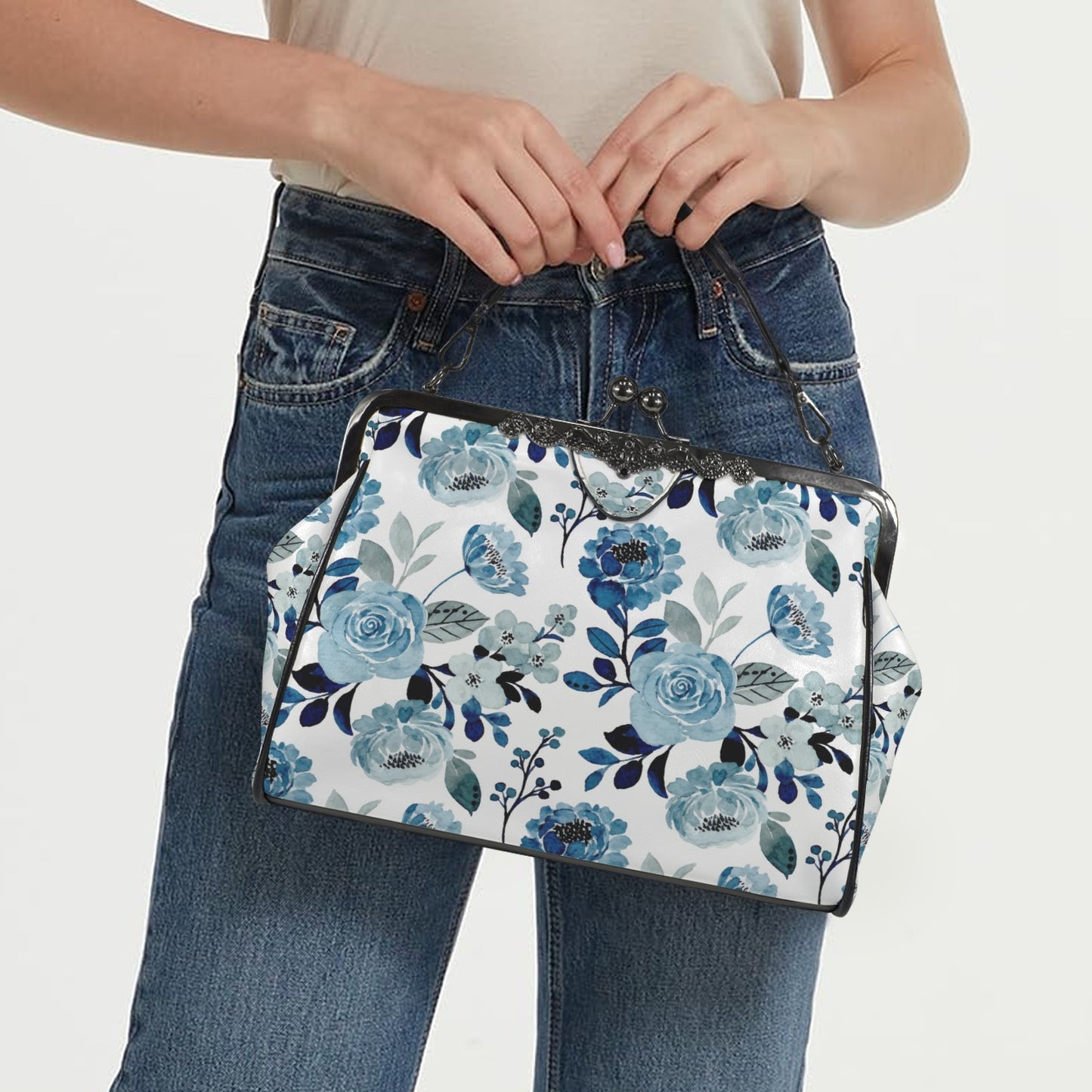 Retro 60s Handbag | Vintage Inspired Romantic Blue Rose Purse | Blue Floral Handbag