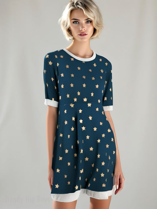 Women's Blue Velvet Star Print Mini Dress | Winter Holiday Party Dress | Fleece-Trimmed Celestial Dress