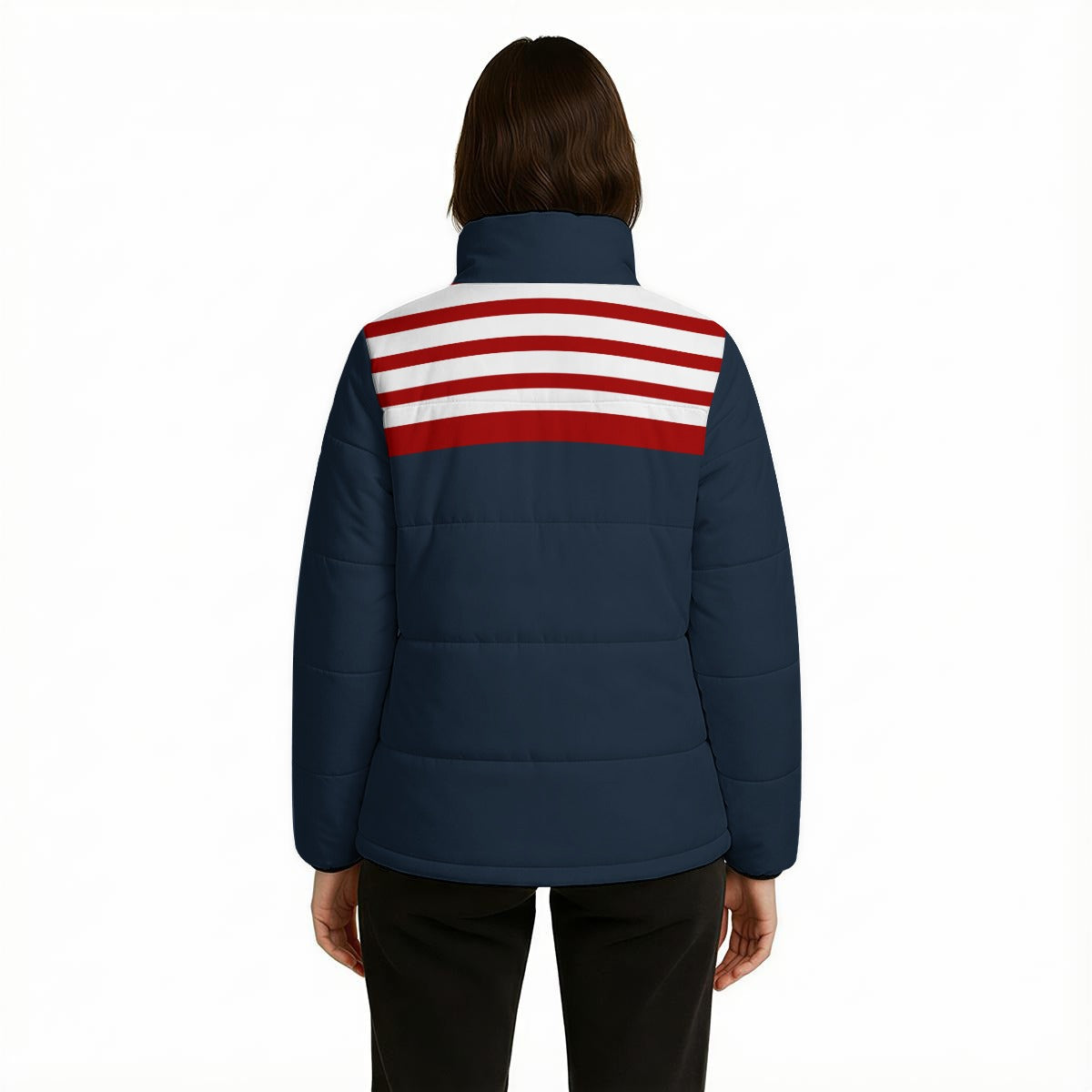 Retro 80s navy blue puffer jacket with nautical red and white stripe detail and cotton insulation. Vintage unisex winter jacket by Trendy Hip Buys.