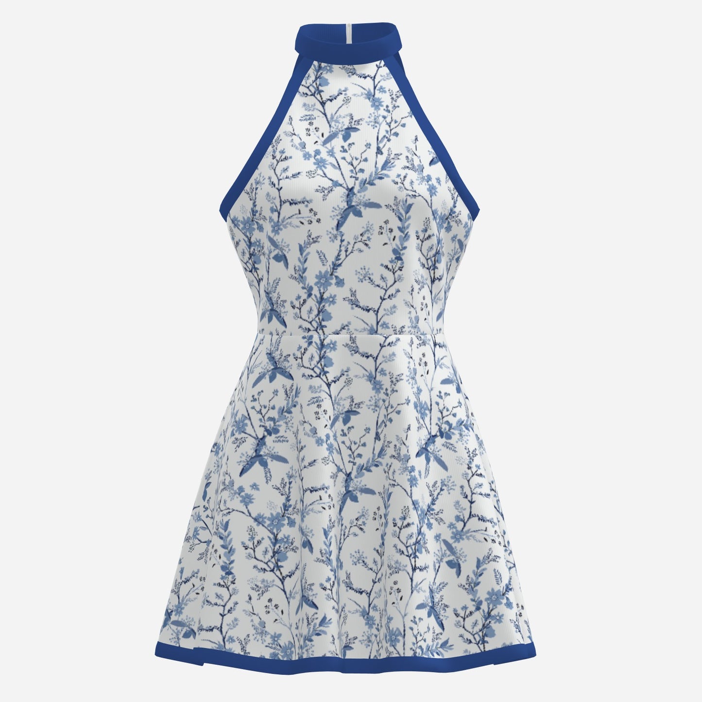 60s Style Dress | Retro Blue Floral Halter Mini Dress | Vintage Sleeveless A-Line Dress with Blue Trim
