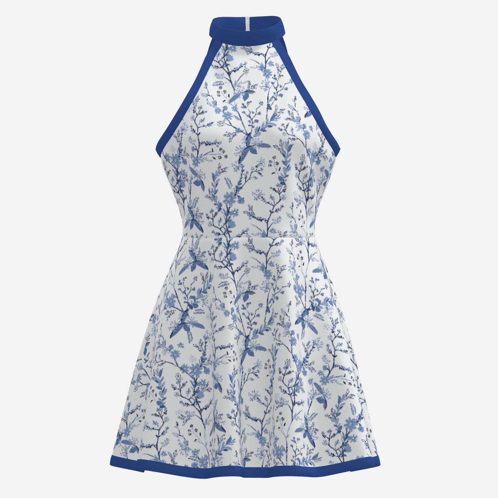 60s Style Dress | Retro Blue Floral Halter Mini Dress | Vintage Sleeveless A-Line Dress with Blue Trim