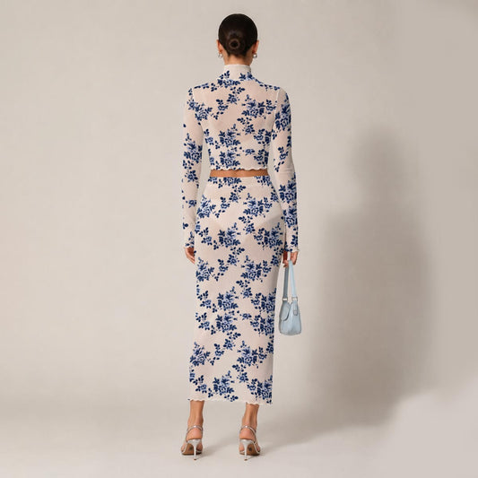 Women's Sheer White &amp; Blue Floral Two-Piece Set | Romantic Turtleneck Crop Top & Maxi Skirt | Vacation Outfit
