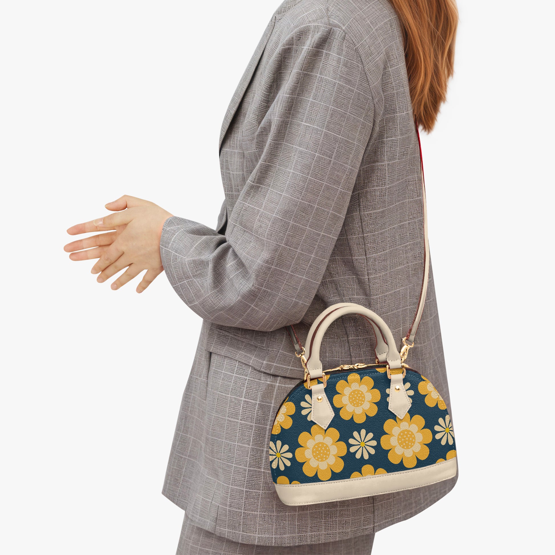 Vintage Mod Yellow Floral Blue Handbag | 60s 70s Retro Half Moon Crossbody Bag with Adjustable Shoulder Strap | PU Leather Statement Handbag for Women