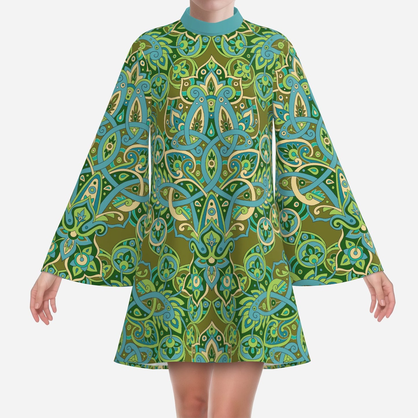70s Green Bell Sleeve Dress | Retro Hippie Tent Mini Dress | Turquoise Turtleneck Disco Dress
