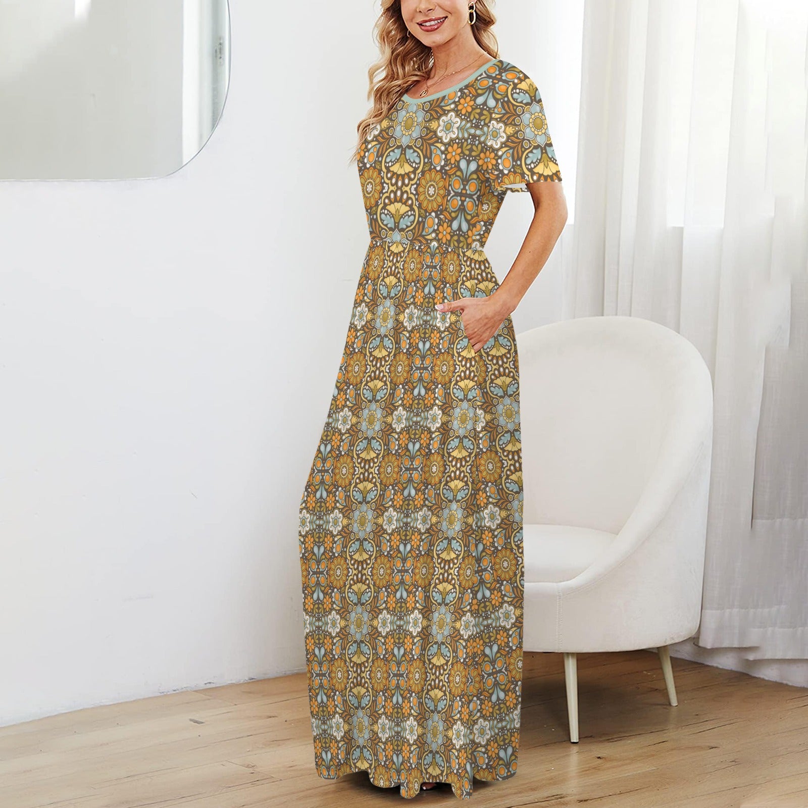 Brown Blue Hippie Floral Maxi Dress