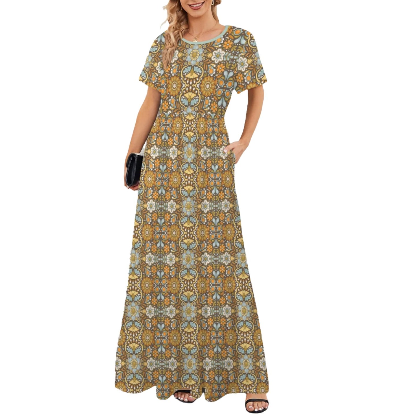 Brown Blue Hippie Floral Maxi Dress