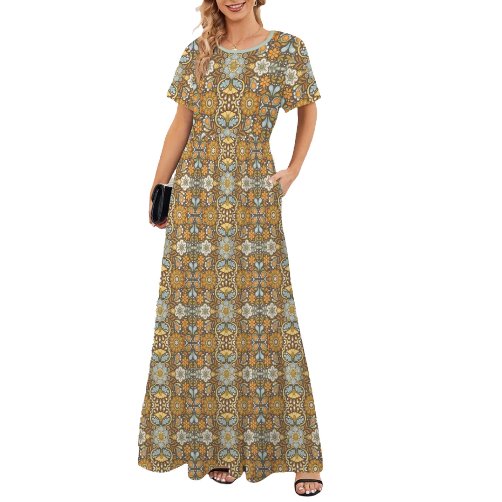 Brown Blue Hippie Floral Maxi Dress