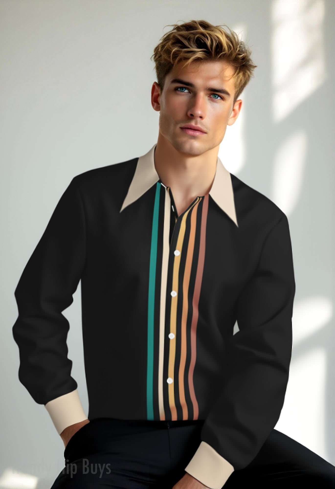 70s Style Shirt Men, 70s Wing Collar Shirt, 70s Hippie Shirt, Brown Stripe Shirt, Boho Shirt Men