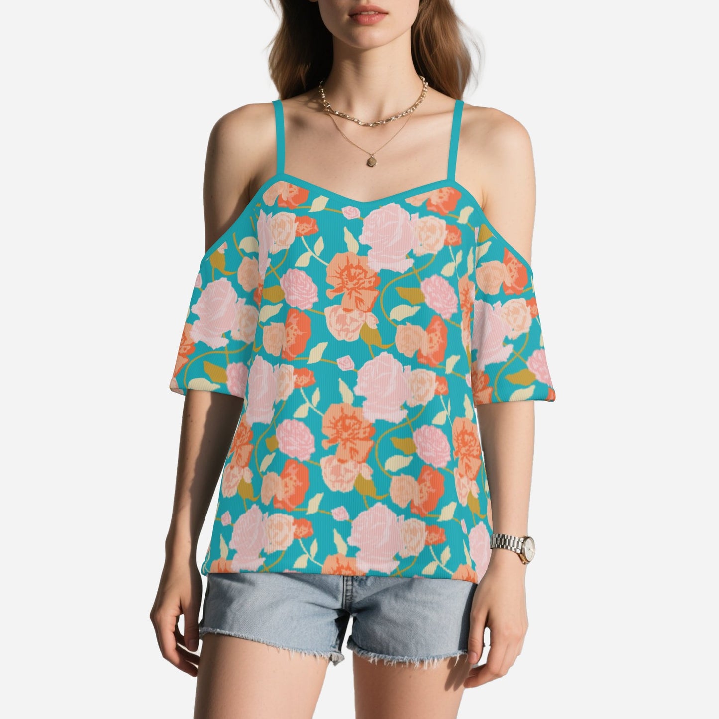 Women’s Turquoise Off Shoulder Top | Eco-Friendly Imitation Cotton Flutter Sleeve Floral Blouse