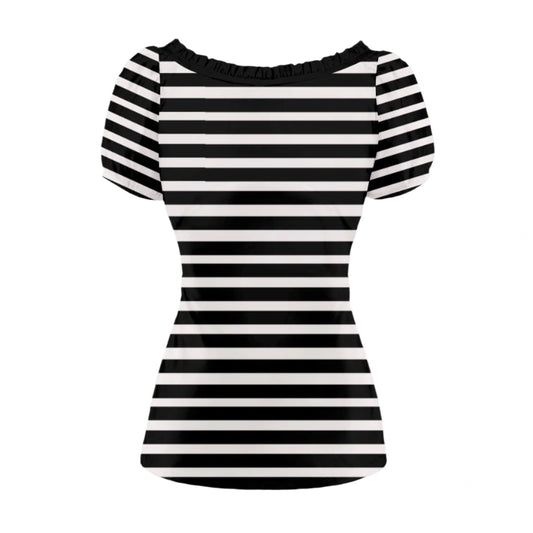 Black & White Stripe Babydoll Blouse – Vintage 40s Style Top | Retro Puff Sleeve Bow Tie Top