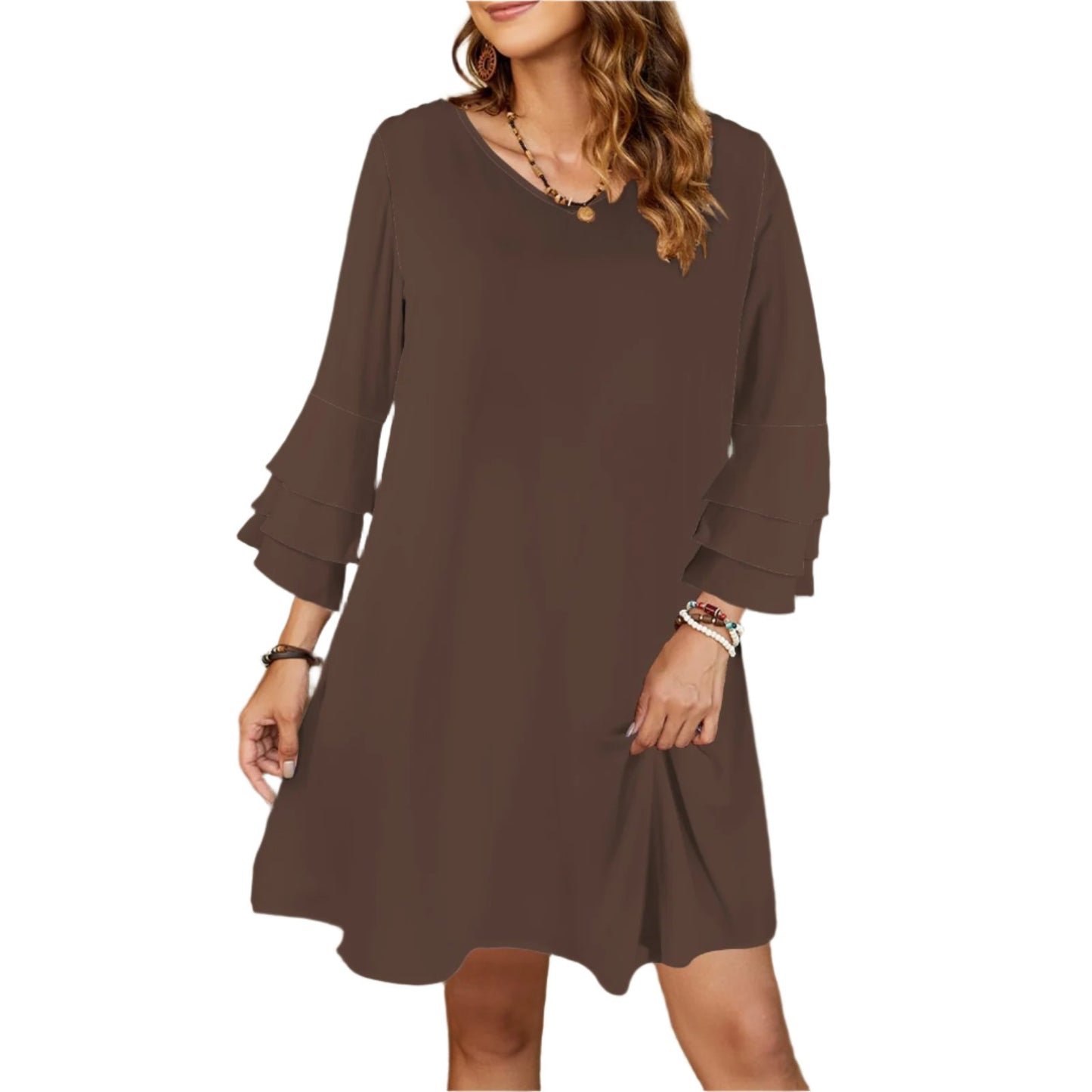 Brown Tier Bell Sleeve Dress