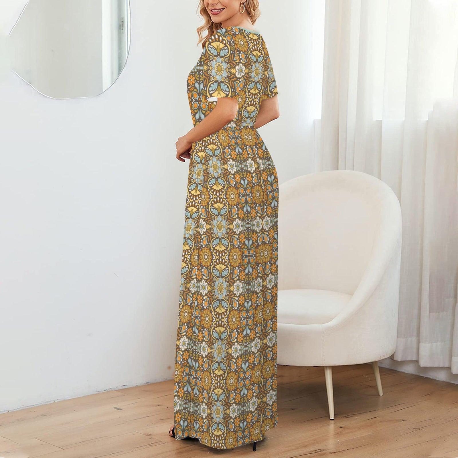 Brown Blue Hippie Floral Maxi Dress