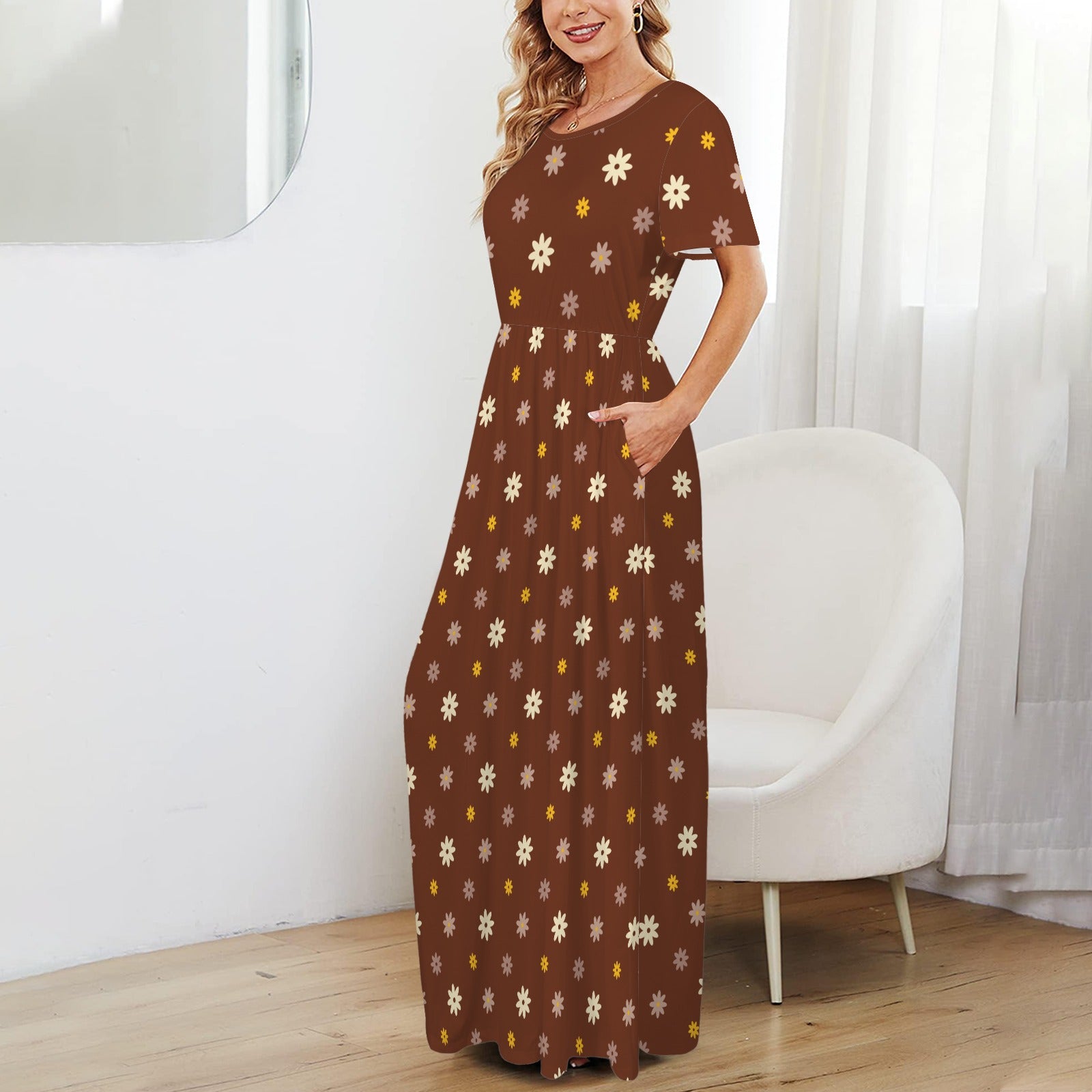 Brown Yellow Daisy Summer Maxi Dress