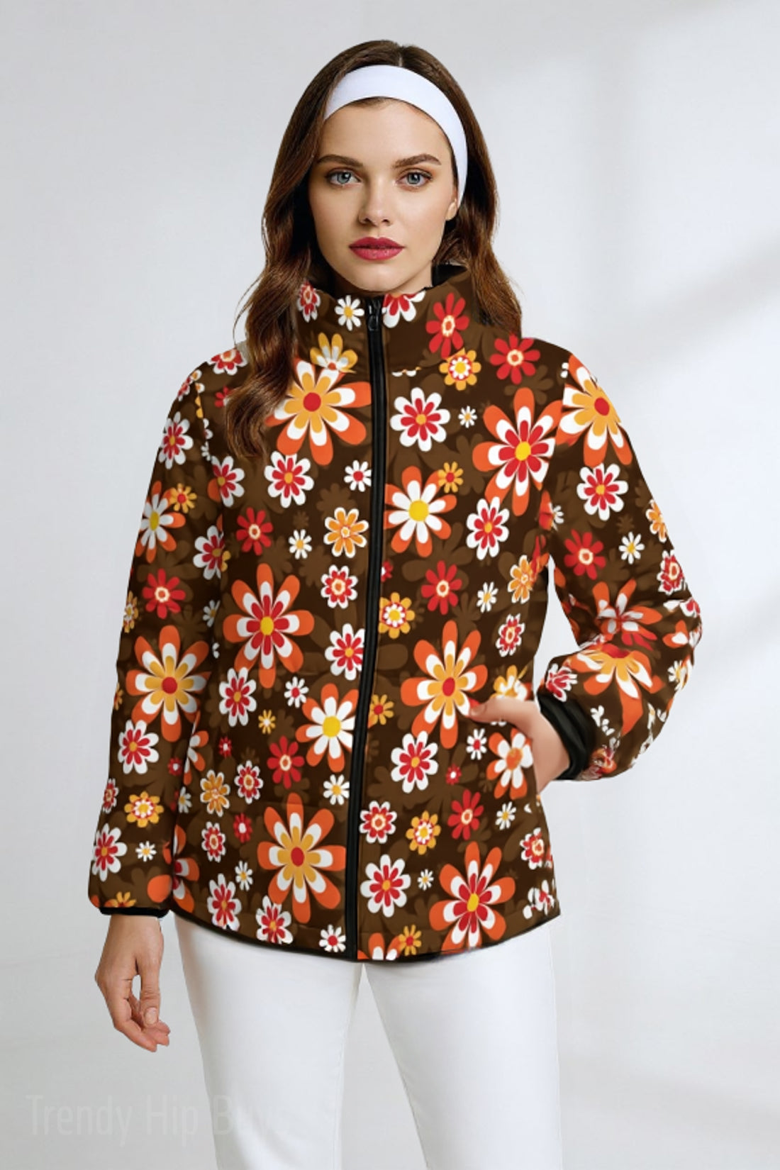 Women's Retro Floral Puffer Jacket | 60s 70s Brown Hippie Winter Jacket | Vintage Mod Cotton Filled Coat
