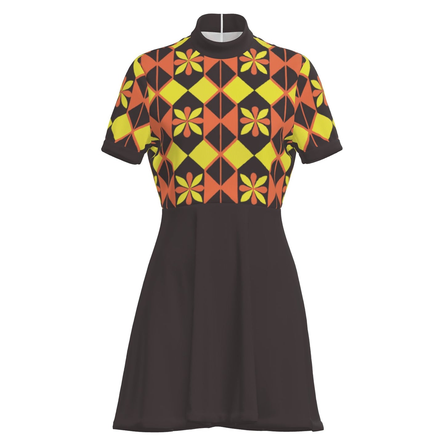 60s Space Age Mod Dress | Retro Geometric GoGo Mini Dress | Brown Turtleneck Vintage A-Line Dress
