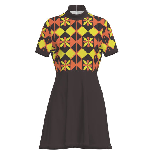 60s Space Age Mod Dress | Retro Geometric GoGo Mini Dress | Brown Turtleneck Vintage A-Line Dress
