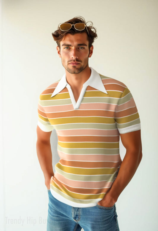 Retro Polo Shirt | 70s Multicolor Stripe Polo Shirt | Wing Collar Ribbed Knit Shirt | Vintage 70s Knit Polo
