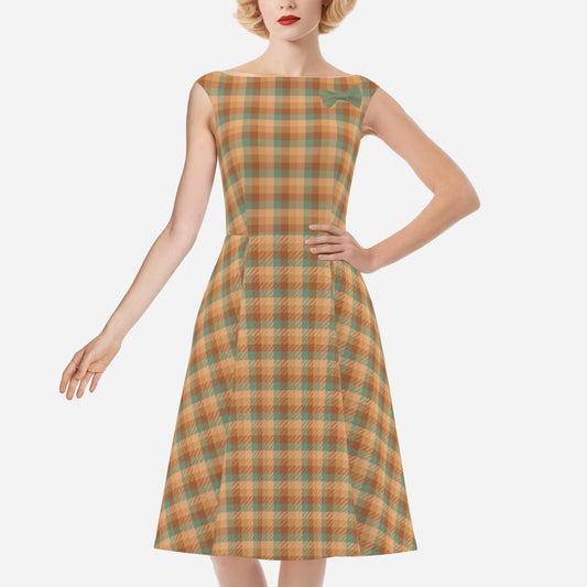 Women’s Brown Mint Green Plaid 50s Dress | Satin A-Line Dress with Removable Bow