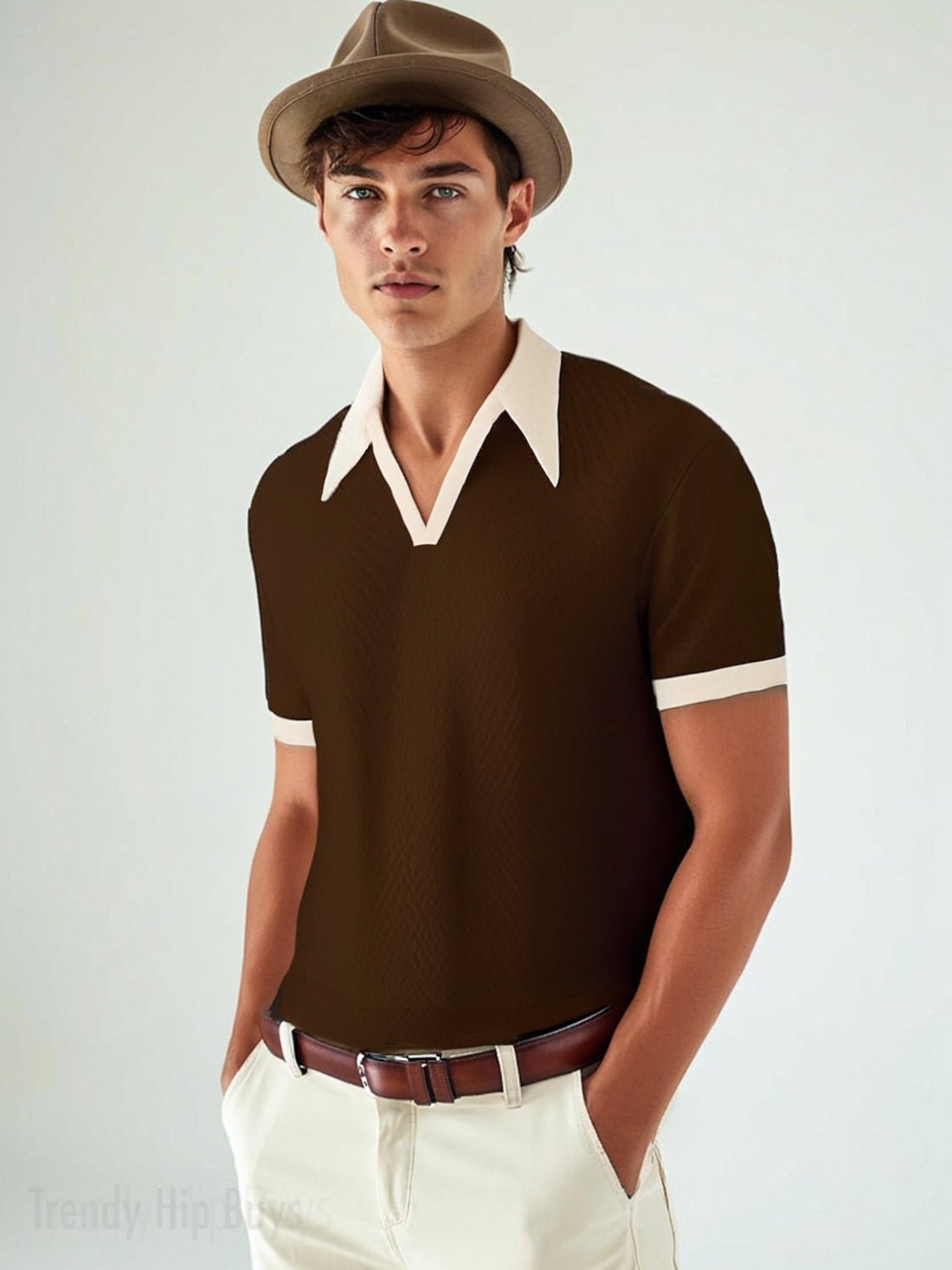 Retro Polo Shirt for Men | 60s 70s Dagger Collar Polo Shirt | Beige Brown Jacquard Knit Polo