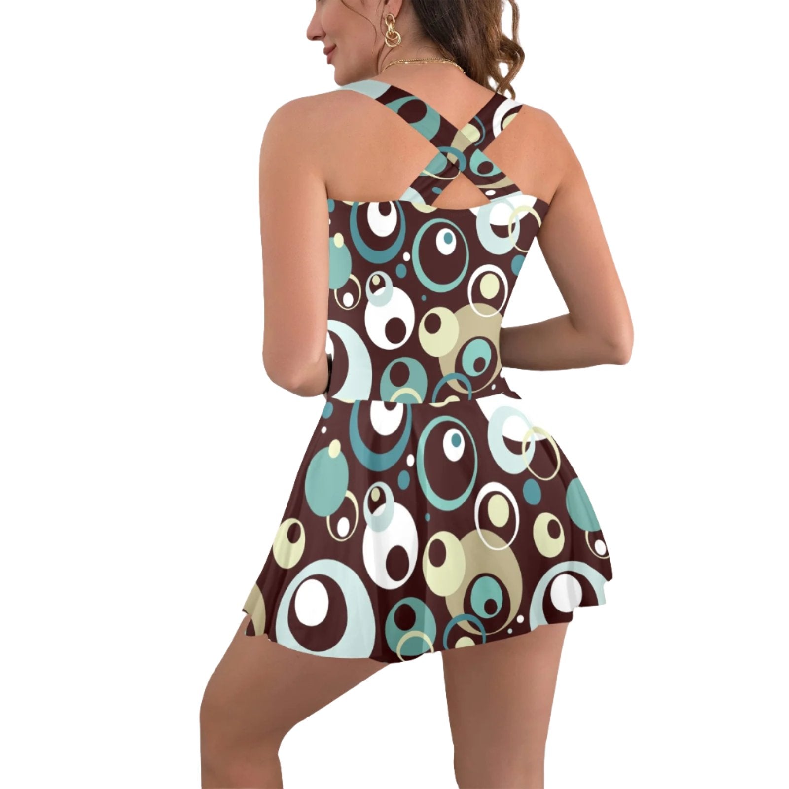 Mod 60s Brown Multicolor Skirt Swimsuit