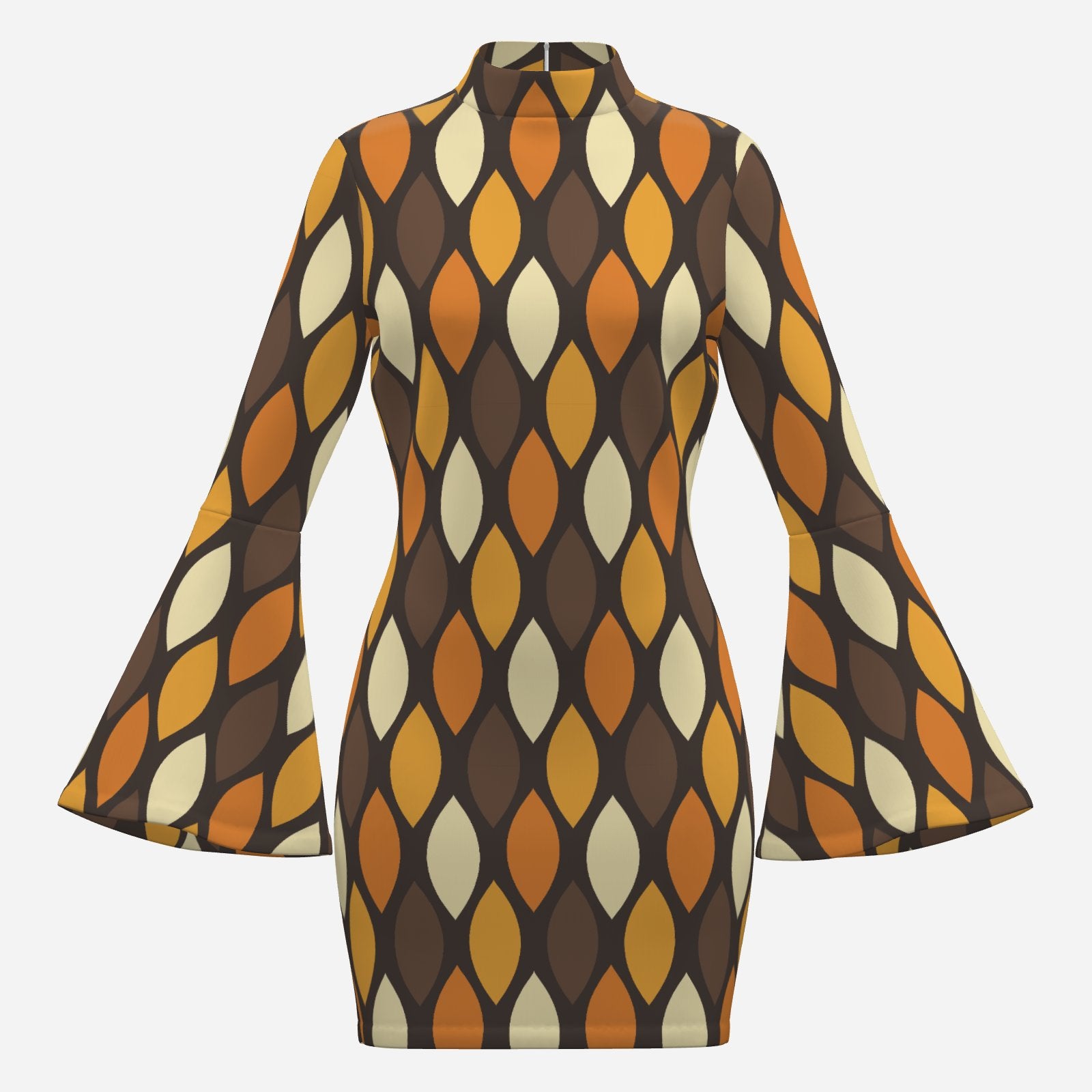 70s Style Dress | Mustard Yellow & Brown Geometric Bell Sleeve Mini Dress | Retro Turtleneck Disco Shift Dress