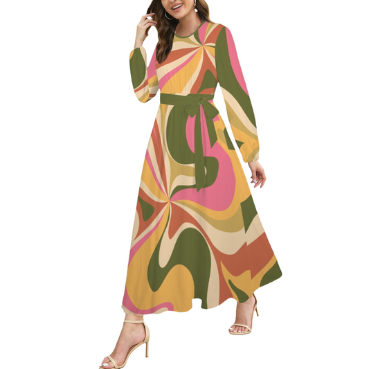 Groovy 70s Dress Style, Abstract Stripe Dress, Pink Green Maxi Dress, Vintage 70s Style Dress