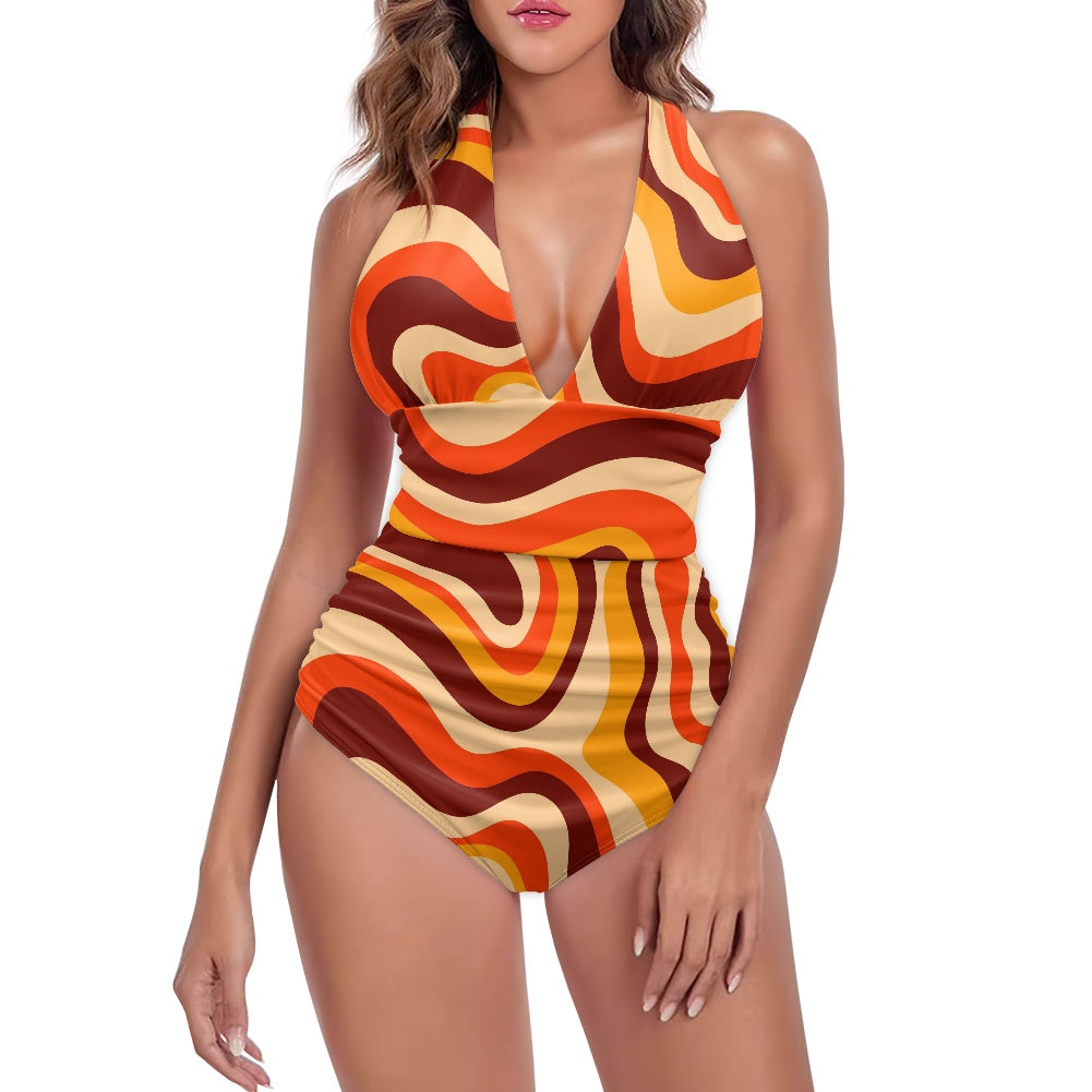 Retro Swimsuit, Groovy 70s inspired Swimsuit, Orange Stripe Halter Swimsuit, Vintage Style Swimsuit