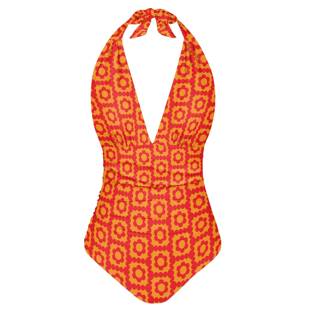 Mod 60s Style Swimsuit, Orange Red Floral Swimsuit, Retro Halter Swimsuit, One Piece Swimsuit