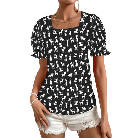 Black Cat Puff Sleeve T Shirt