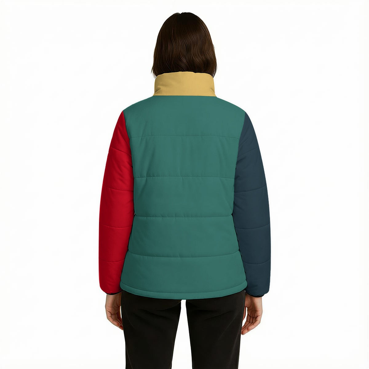 Unisex Color Block Puffer Jacket | Green Blue Yellow Red Artistic Puffer Coat | Cotton Filled Retro Y2K Winter Jacket |