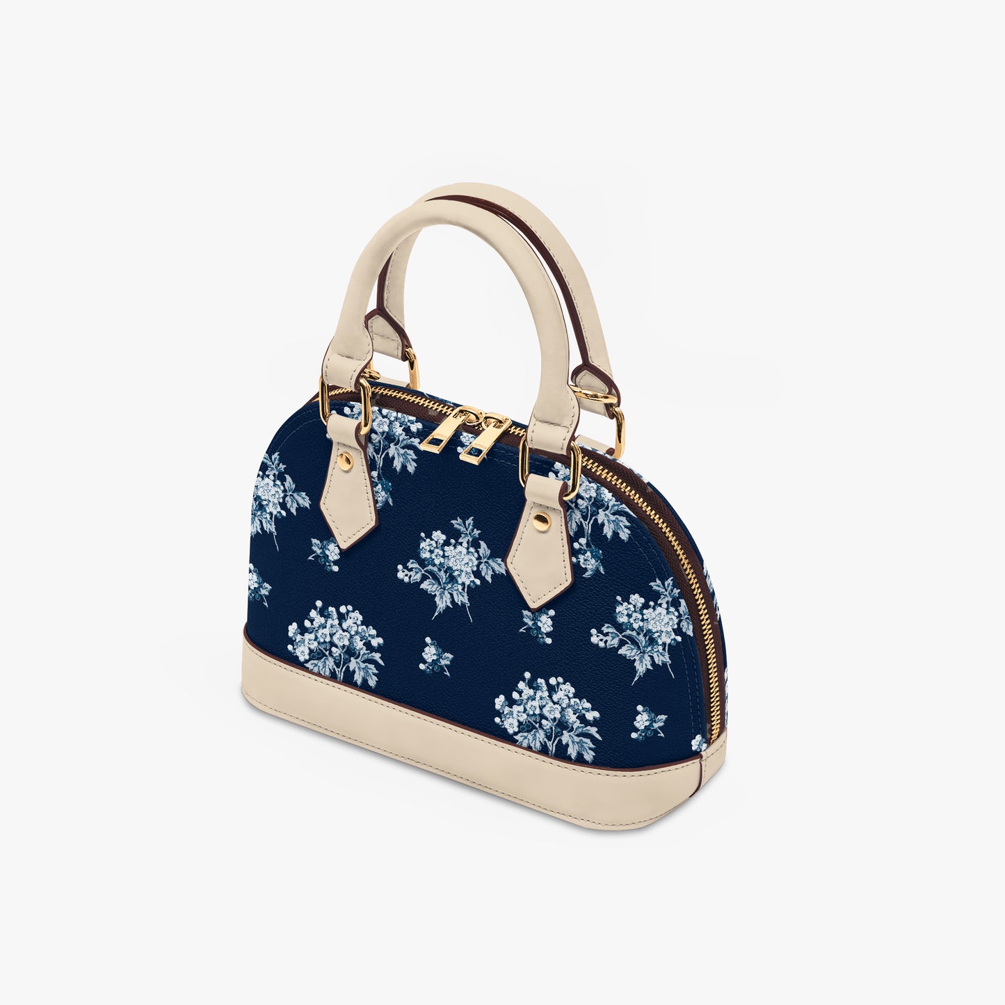 Romantic navy blue floral half moon handbag with delicate vintage-inspired floral print. Small crossbody purse with black or beige handles for casual or formal wear.