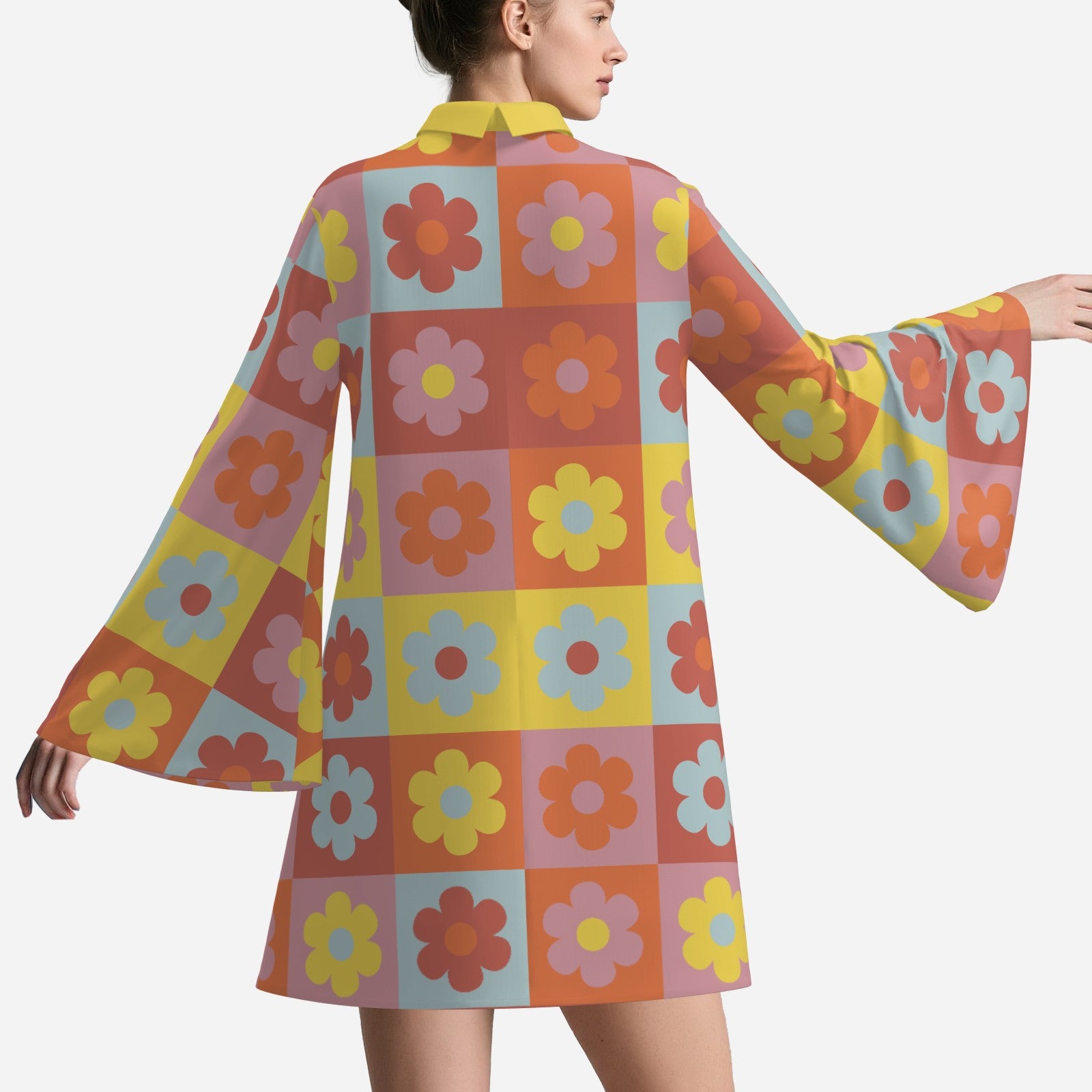 60s 70s Dress Style | Retro Bell Sleeve Boho Dress | Multicolor Floral Hippie Tent Dress