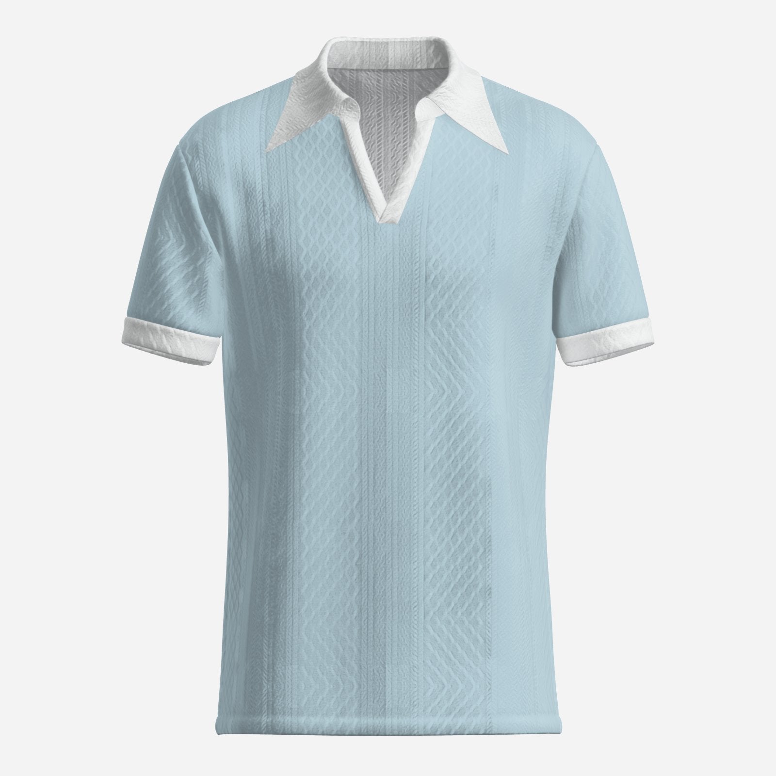 70s Style Polo Shirt | Light Blue Jacquard Knit Polo | 70s Inspired Dagger Collar Shirt | Retro Short Sleeve Polo
