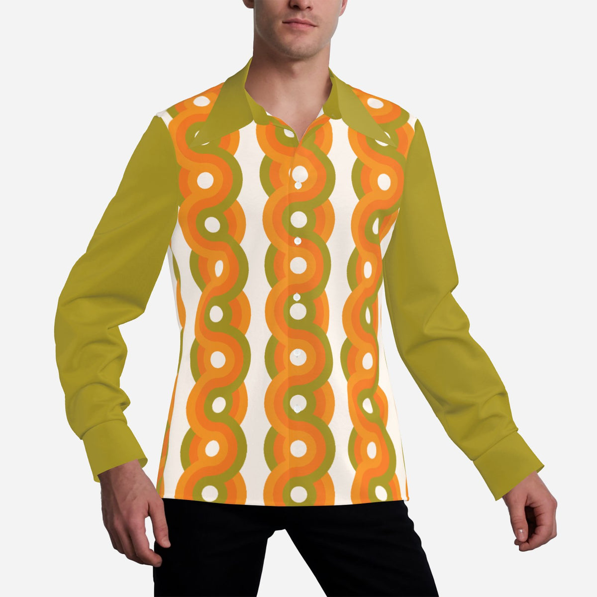 Men’s 70s Style Shirt | Olive Green Orange Geometric Dagger Collar Shirt | Retro Disco Shirt