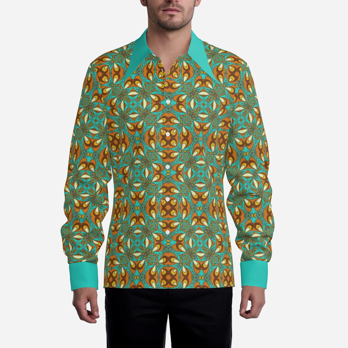 Men’s 70s Style Shirt | Turquoise Orange Brown Boho Hippie Shirt | Retro Dagger Collar Disco Shirt