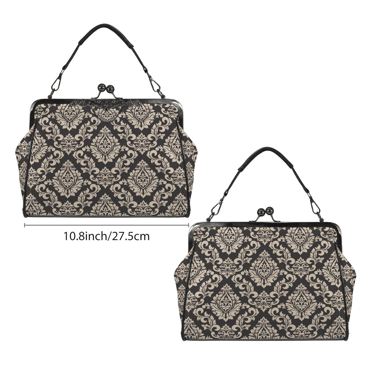 Retro 60s Style Handbag | Dark Gray Damask Vintage Clasp Purse | Retro handbag