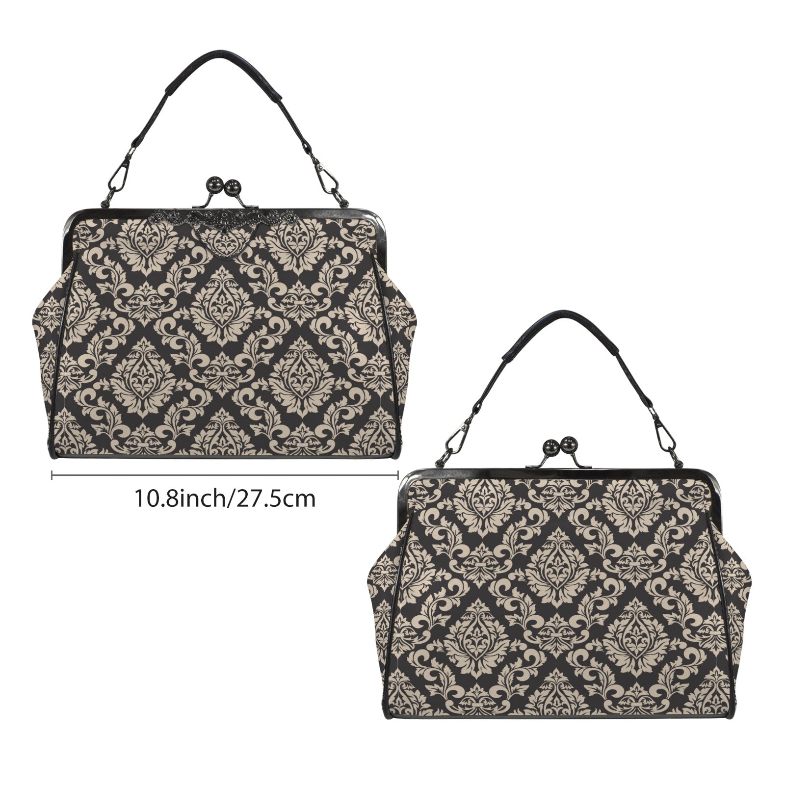 Retro 60s Style Handbag | Dark Gray Damask Vintage Clasp Purse | Retro handbag