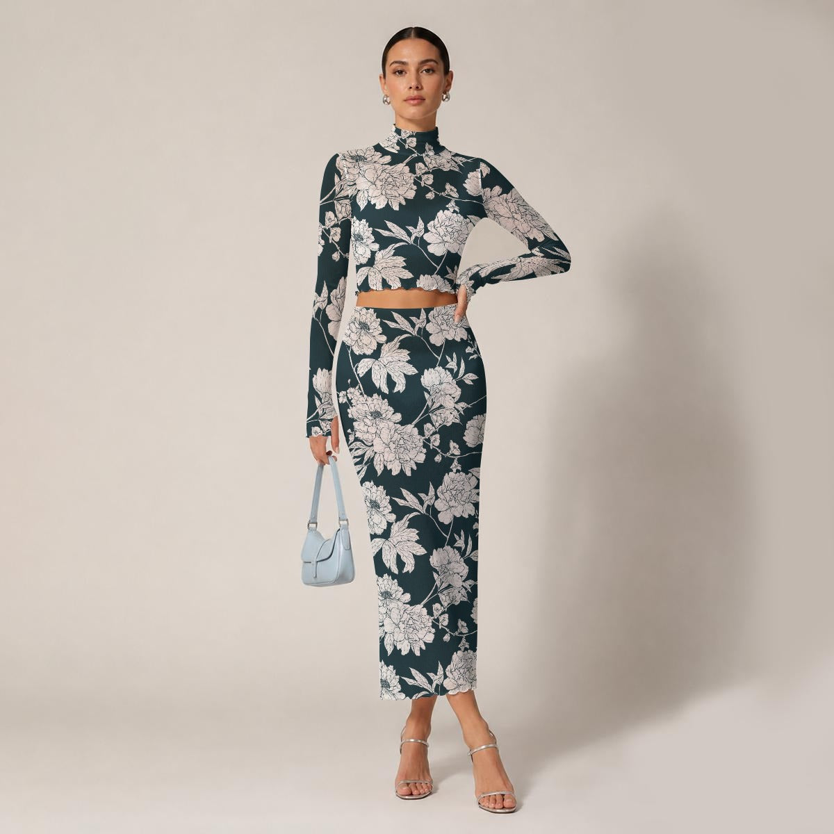 Women's Two-Piece Floral Set | Sheer Black Turtleneck Crop Top & Maxi Pencil Skirt | Elegant Evening Outfit