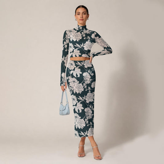 Women's Two-Piece Floral Set | Sheer Black Turtleneck Crop Top & Maxi Pencil Skirt | Elegant Evening Outfit