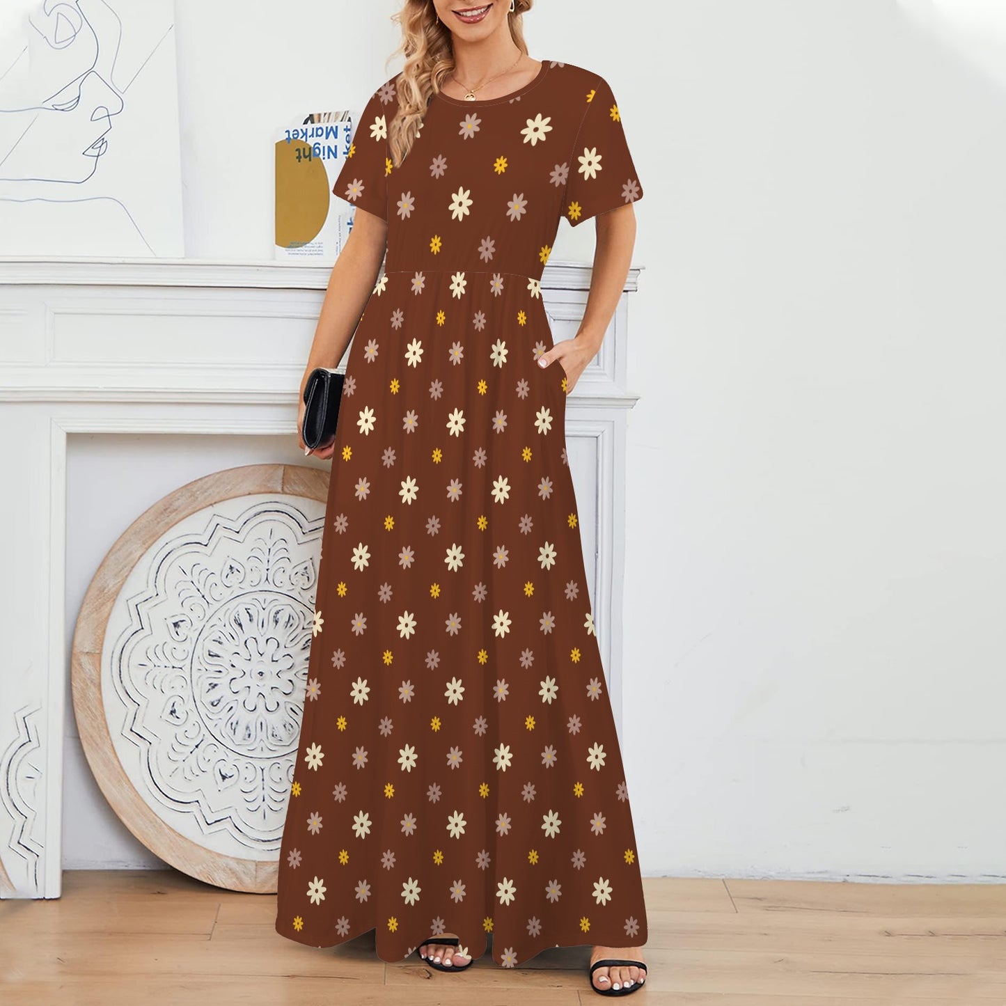 Brown Yellow Daisy Summer Maxi Dress